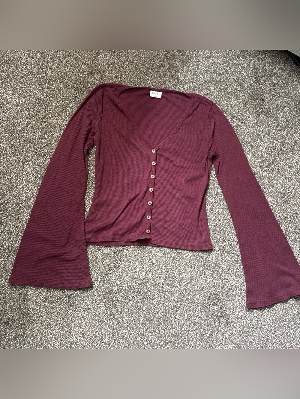 Others Follow Ribbed Button-Front Long Sleeve Top in Burgundy